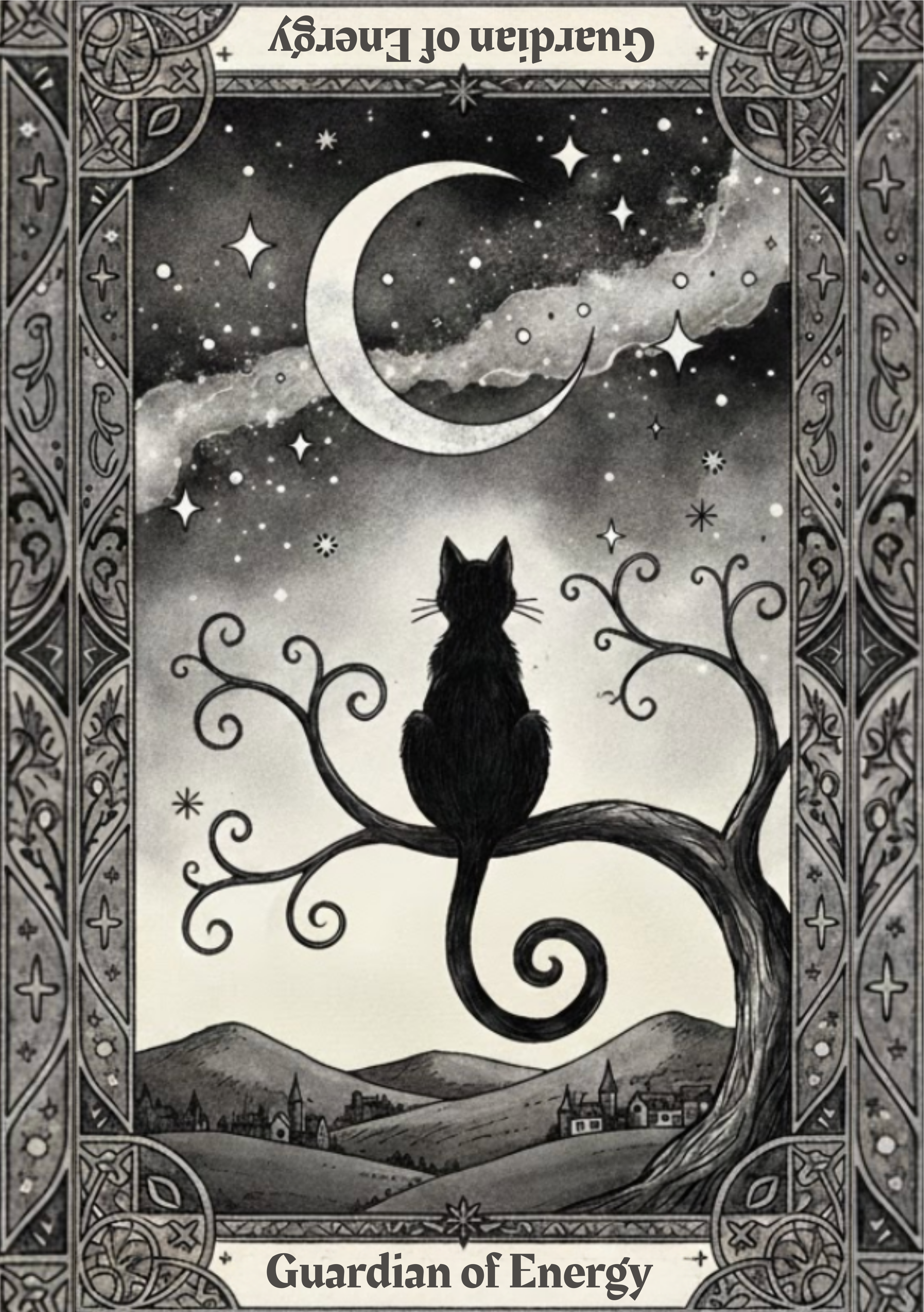 Black and white illustration of a cat sitting on a tree branch with a crescent moon and stars in the background, framed with decorative elements.