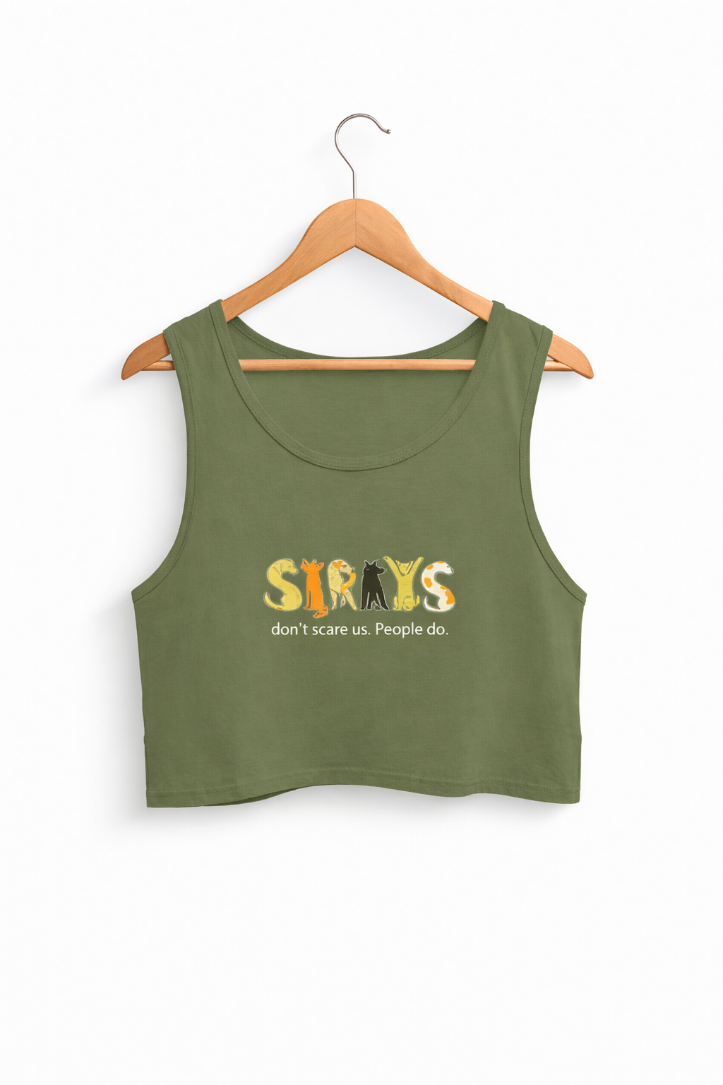 Green tank top with 'SIRRAIS' text on a hanger against a white background