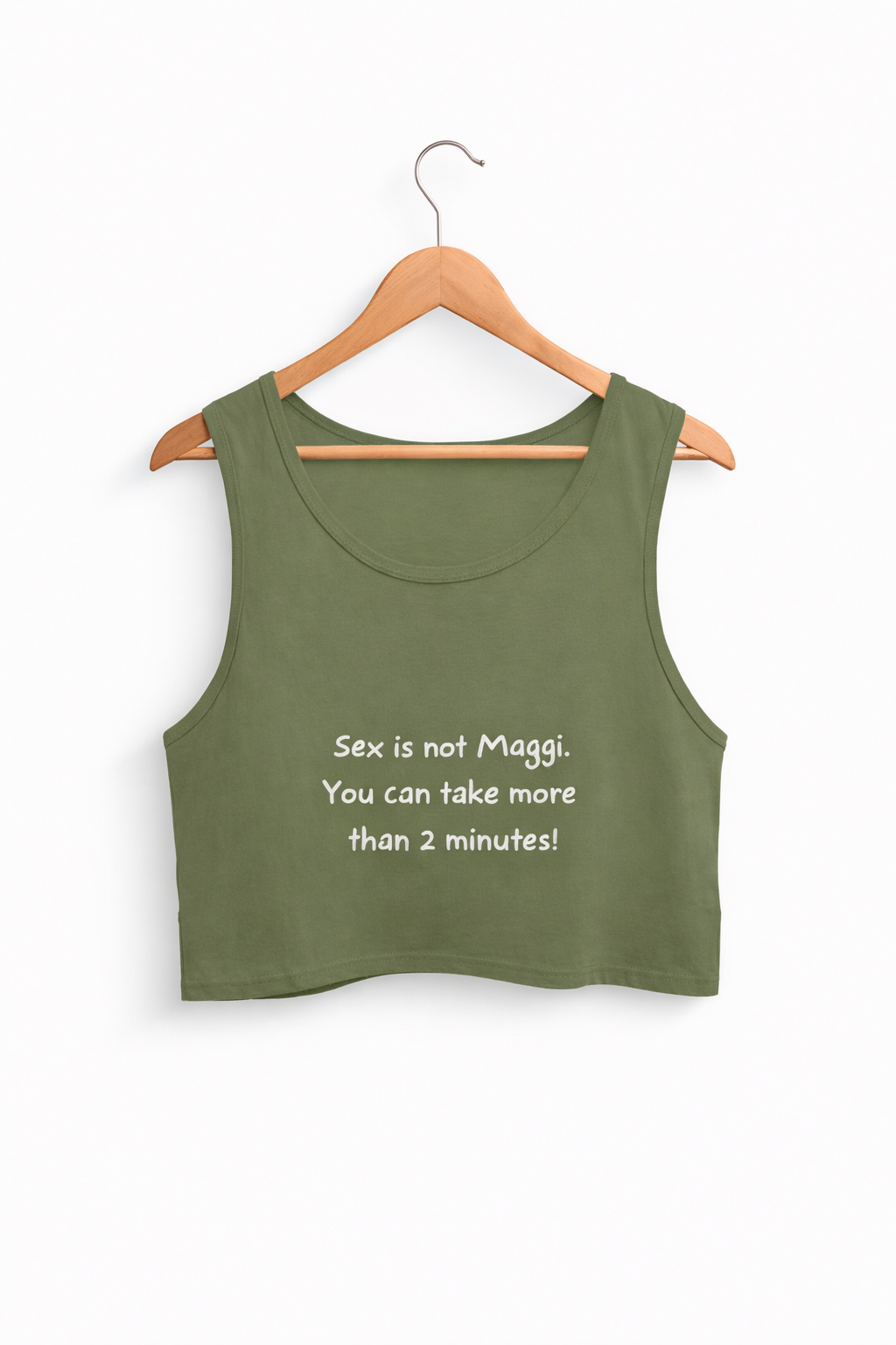 Green tank top with text on a hanger against a white background