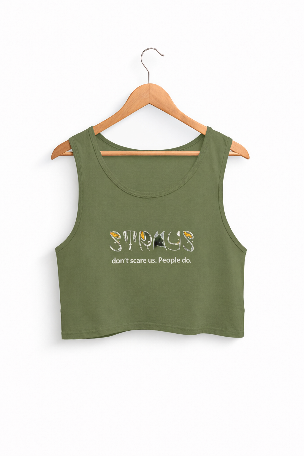 Green tank top with text on a hanger against a white background