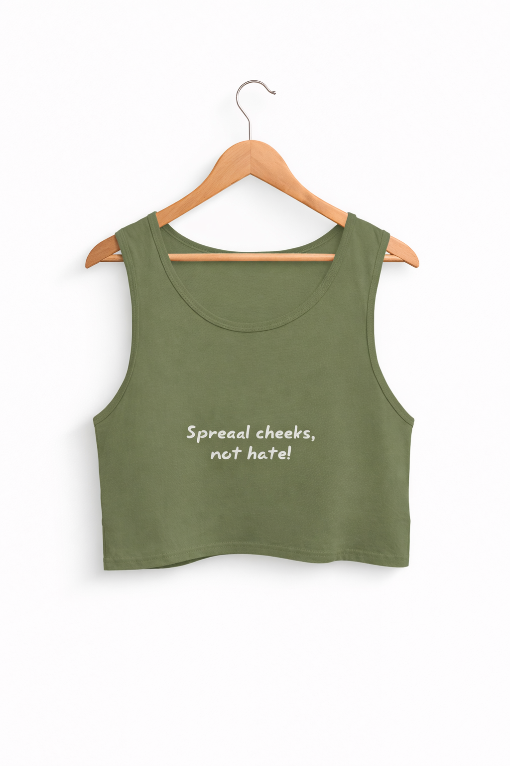 Green tank top with text on a hanger against a white background