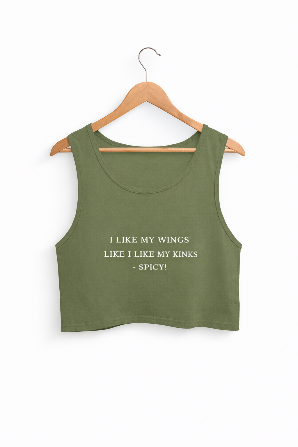 Green tank top with text on a hanger against a white background