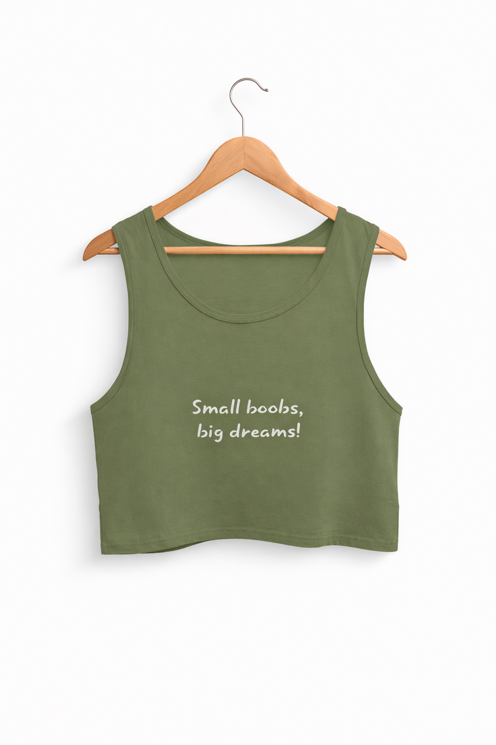 Green tank top with 'Small boobs, big dreams!' text on a hanger against a white background