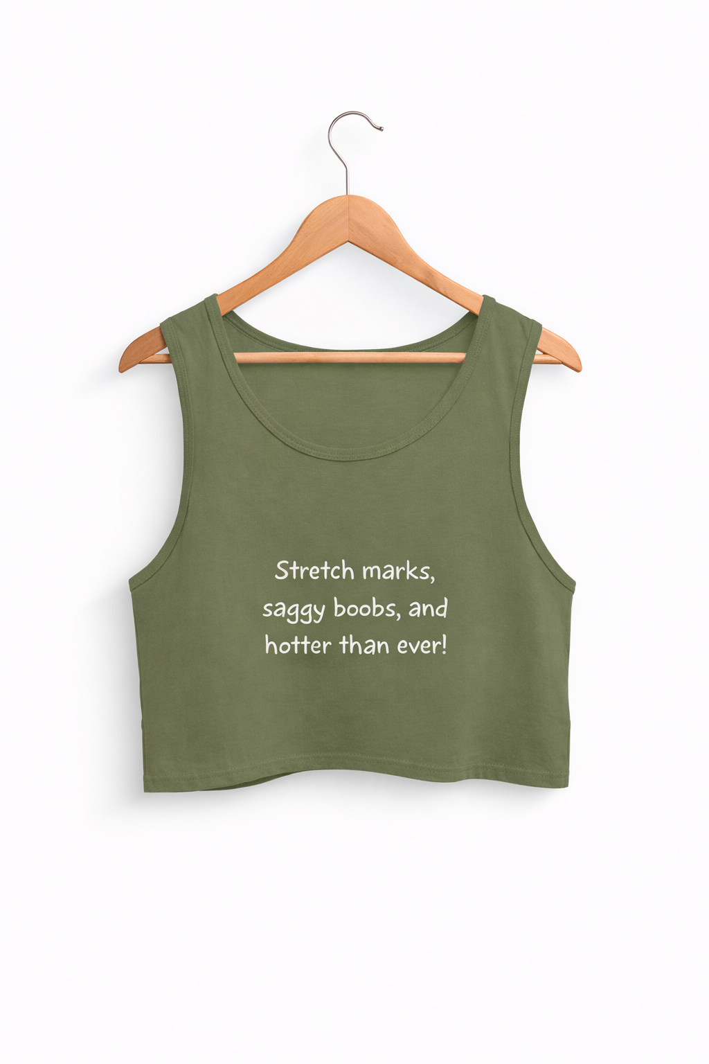 Green tank top with text on a hanger against a white background