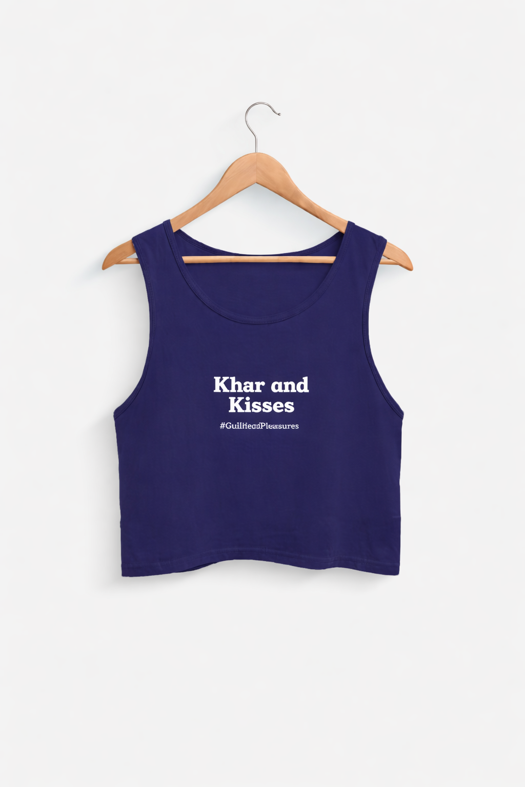 Navy blue tank top with text on a white background