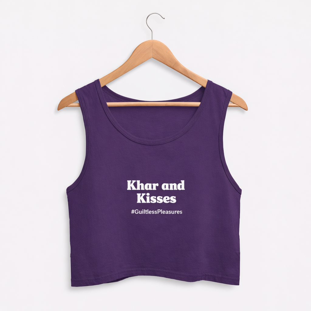 Purple tank top with text on a hanger against a white background