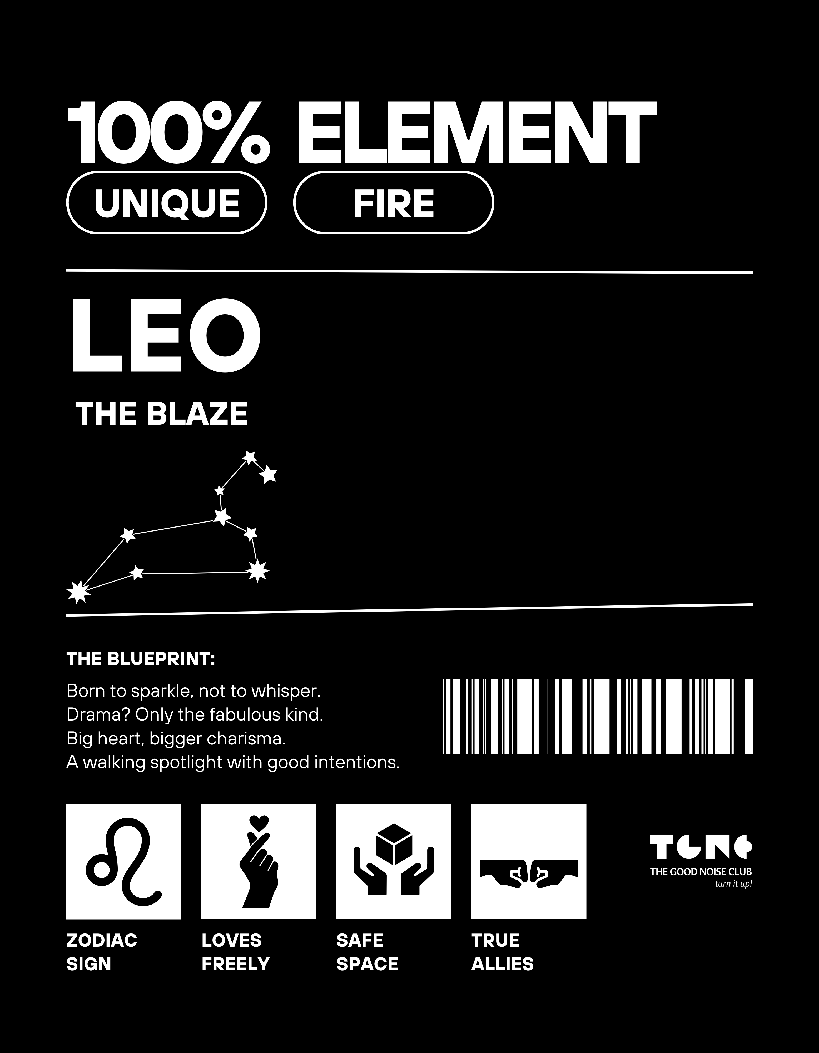 Leo zodiac card with elements and traits on a black background