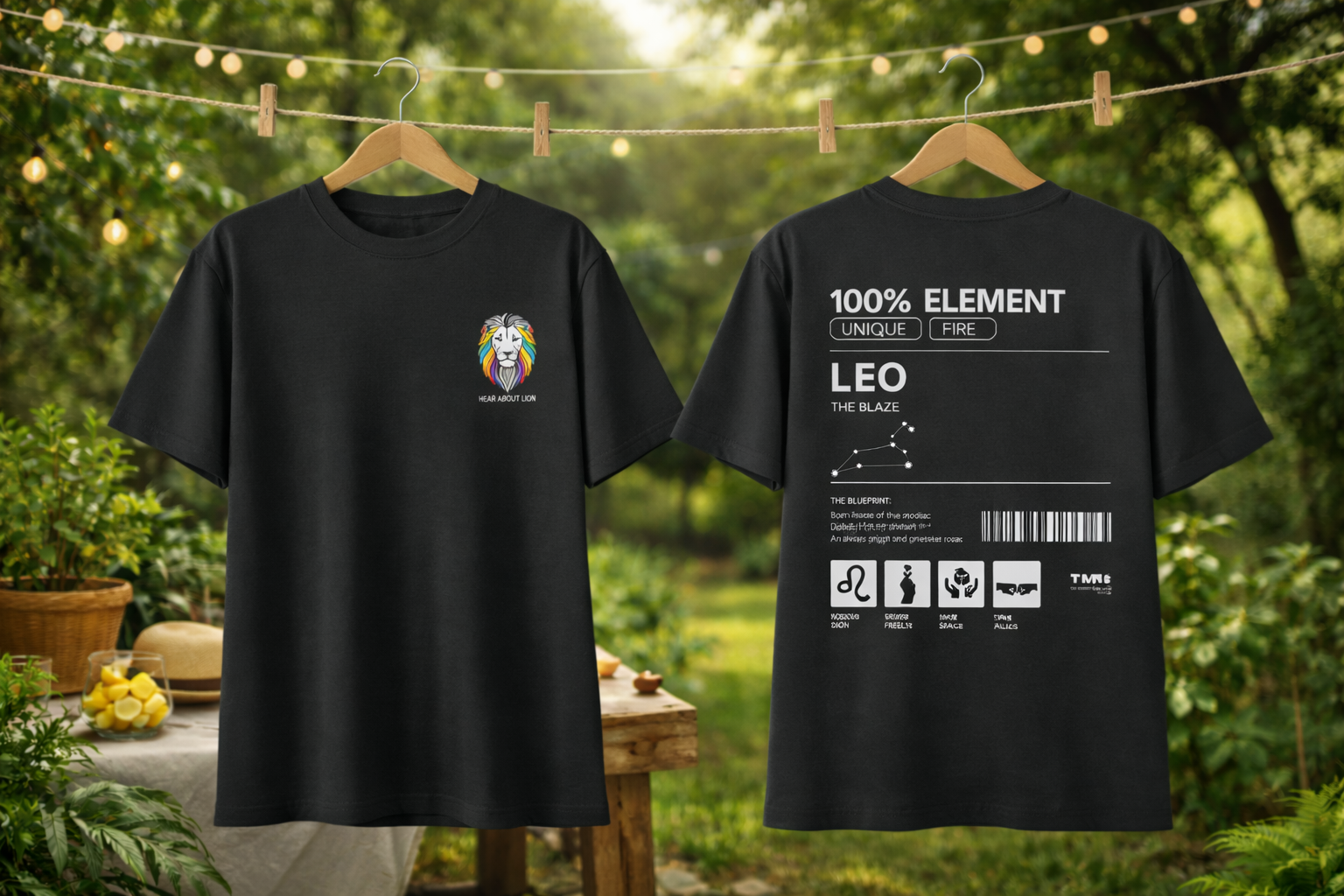 Black t-shirt with a colorful lion graphic on the front and text on the back, hanging outdoors.