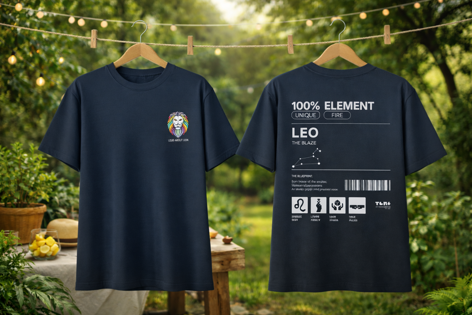 Navy blue t-shirt with a graphic design on the front and text on the back, hanging outdoors.