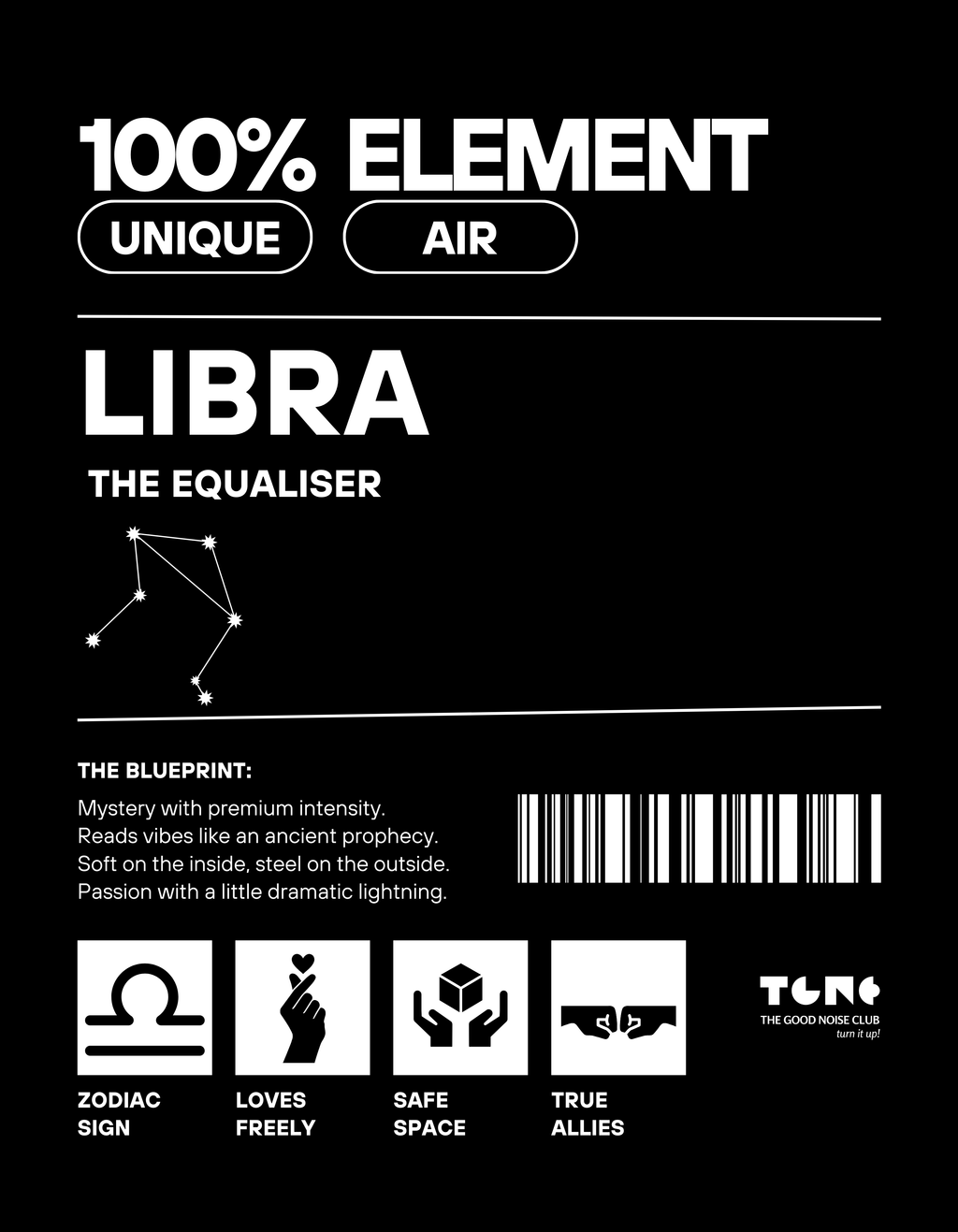 Black label with white text and symbols for '100% Element Libra' on a black background