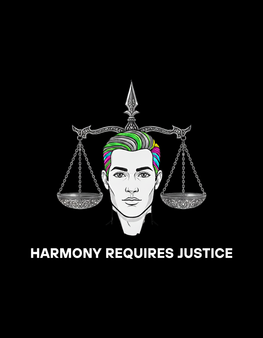 Person with multicolored hair and justice scale on a black background with 'Harmony Requires Justice' text.