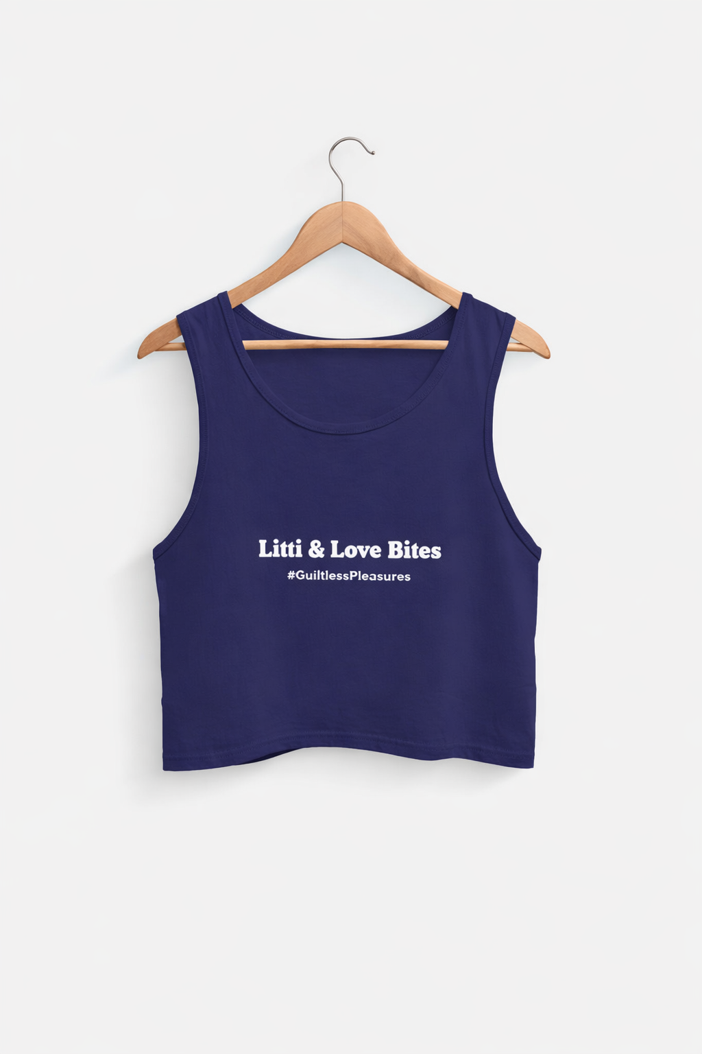 Navy blue tank top with text on a white background
