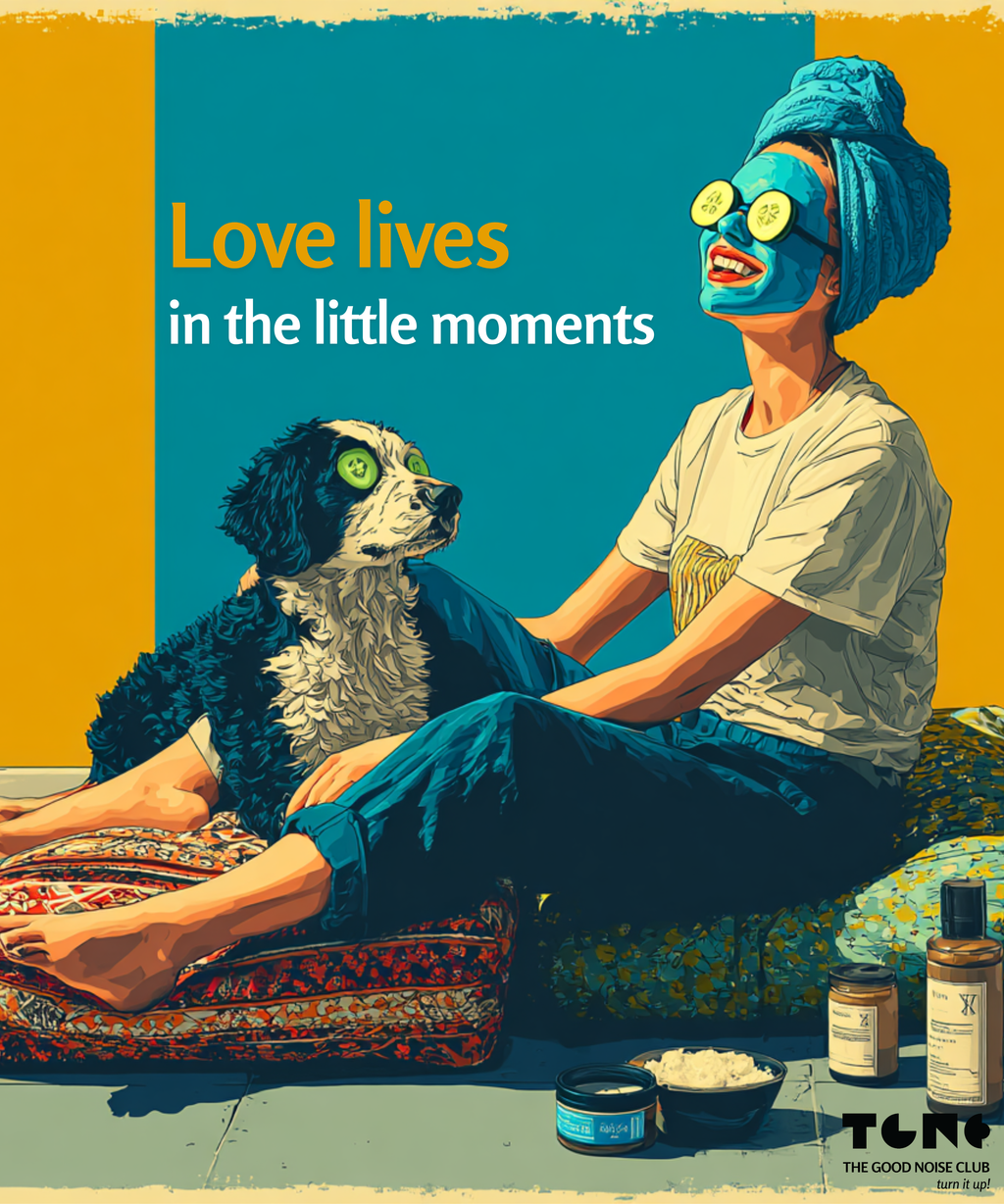 Woman with a dog and a mask, with text 'Love lives in the little moments' and 'TCN' branding.