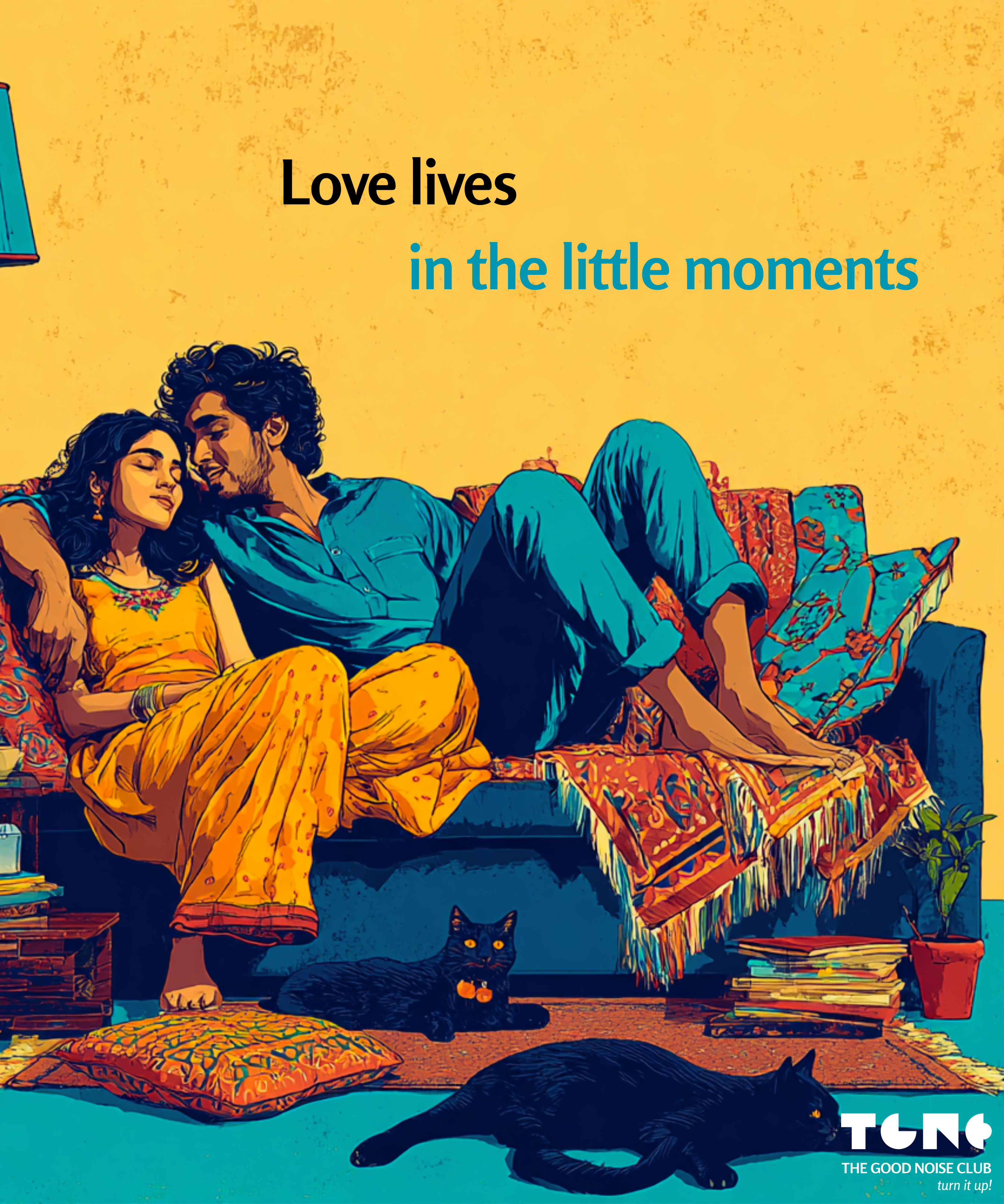 Couple sitting on a couch with a cat, surrounded by books and a yellow wall with 'Love lives in the little moments' text.