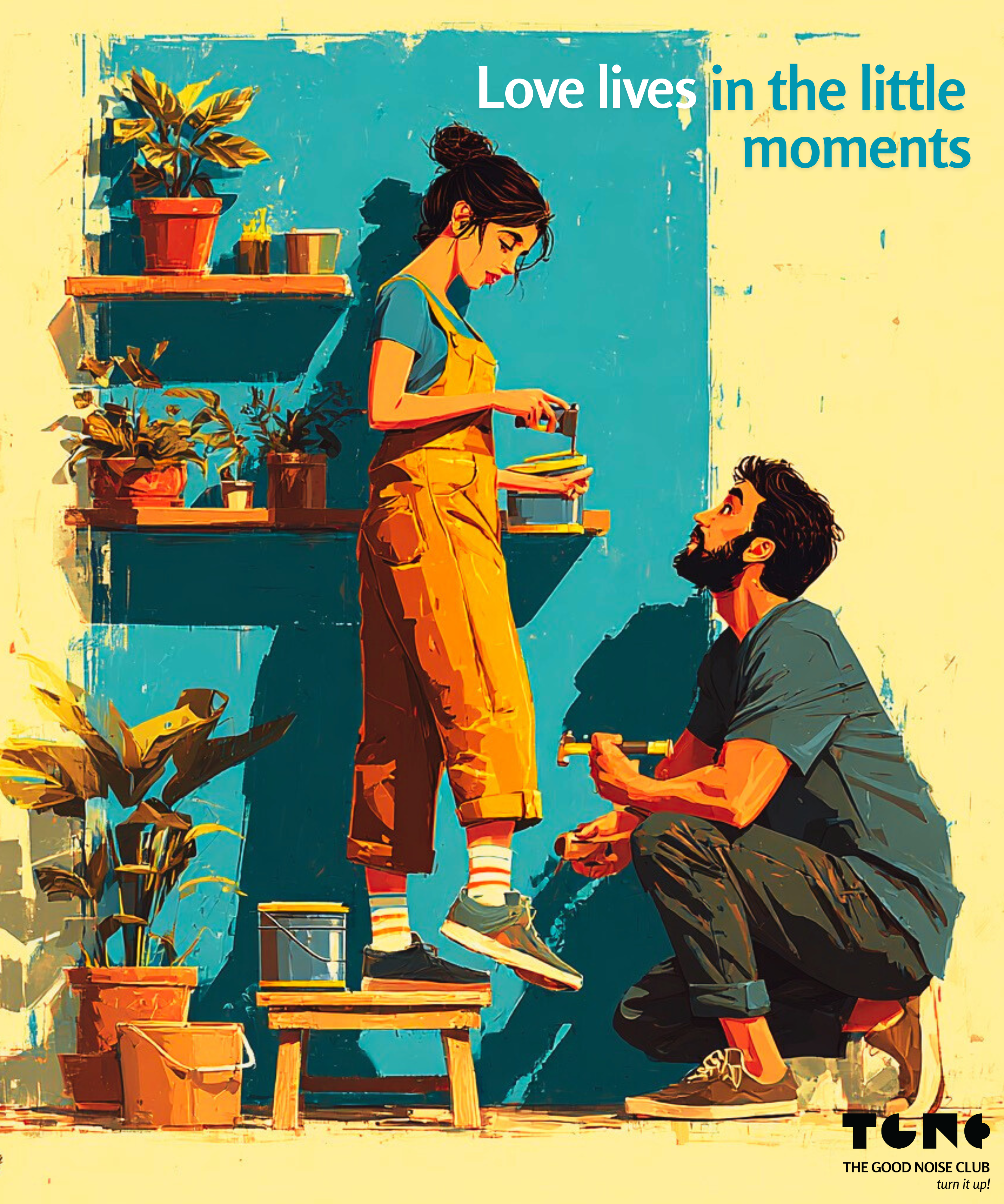 Illustration of a couple with plants, featuring text 'Love lives in the little moments' and a logo.