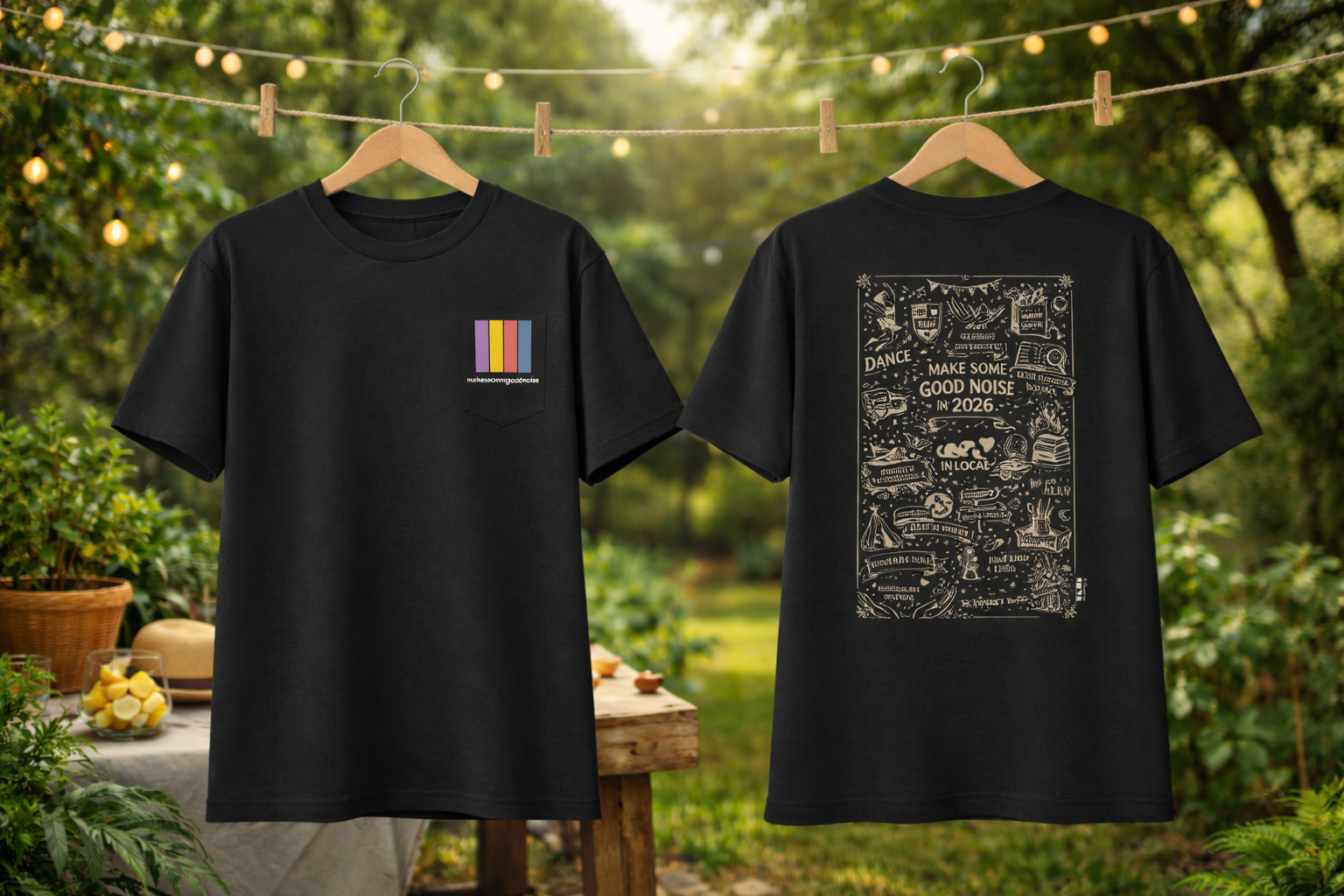 Two black t-shirts with colorful design on a hanger against a natural background.