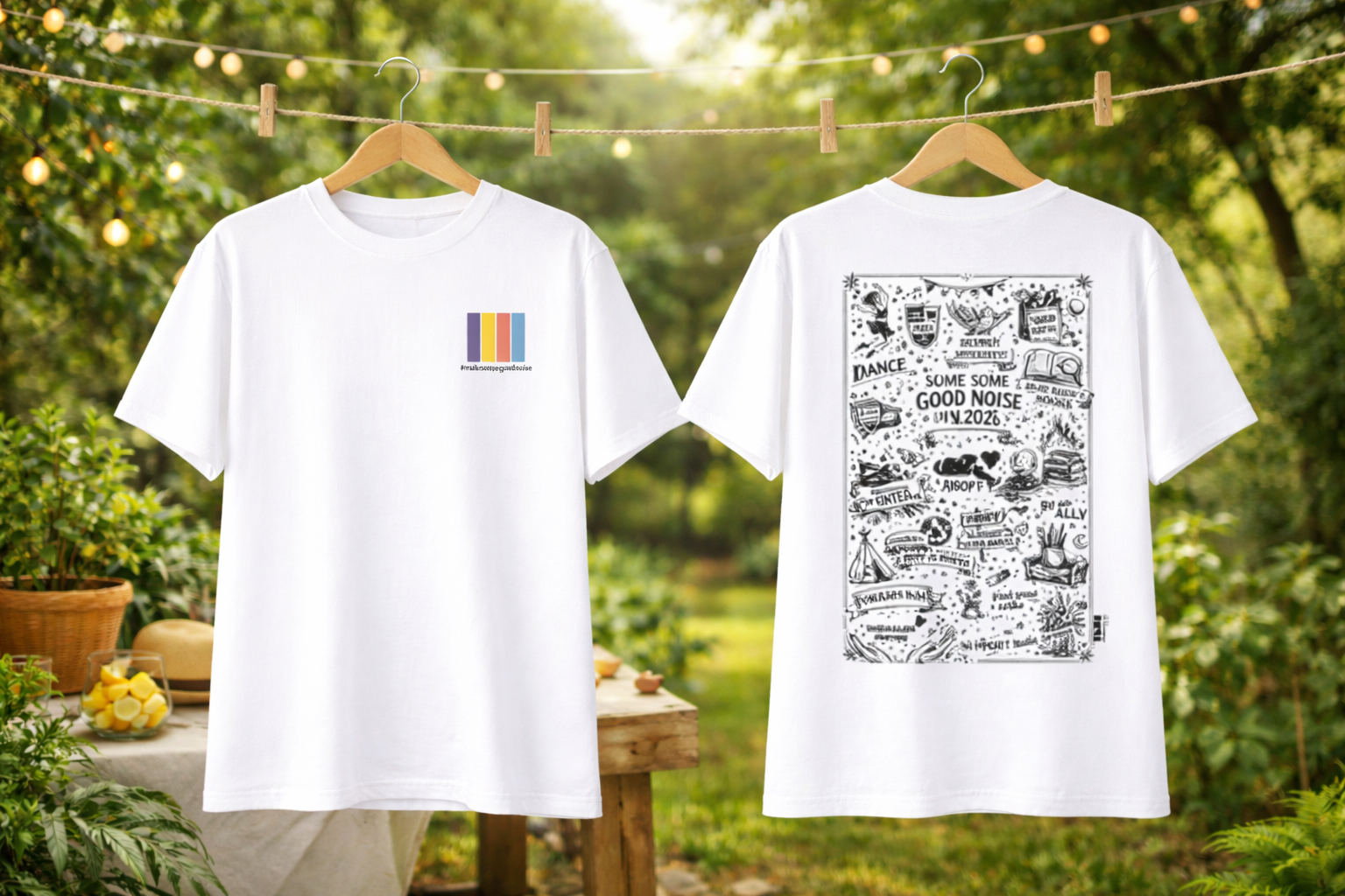 Two white t-shirts with different designs hanging outdoors on a clothesline.