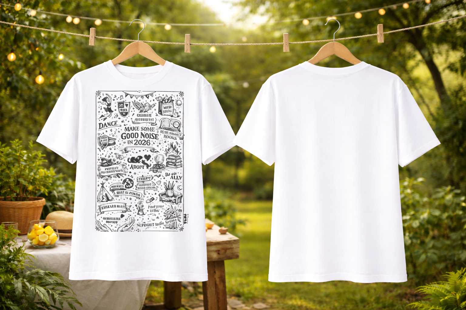 Two white t-shirts with printed designs on hangers against a natural outdoor background.