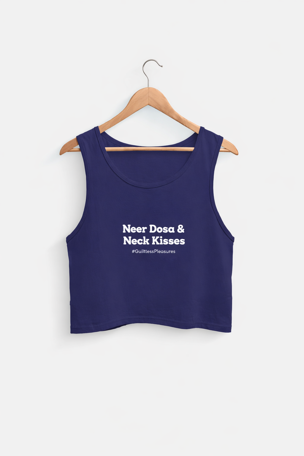 Navy blue tank top with text on a hanger against a white background