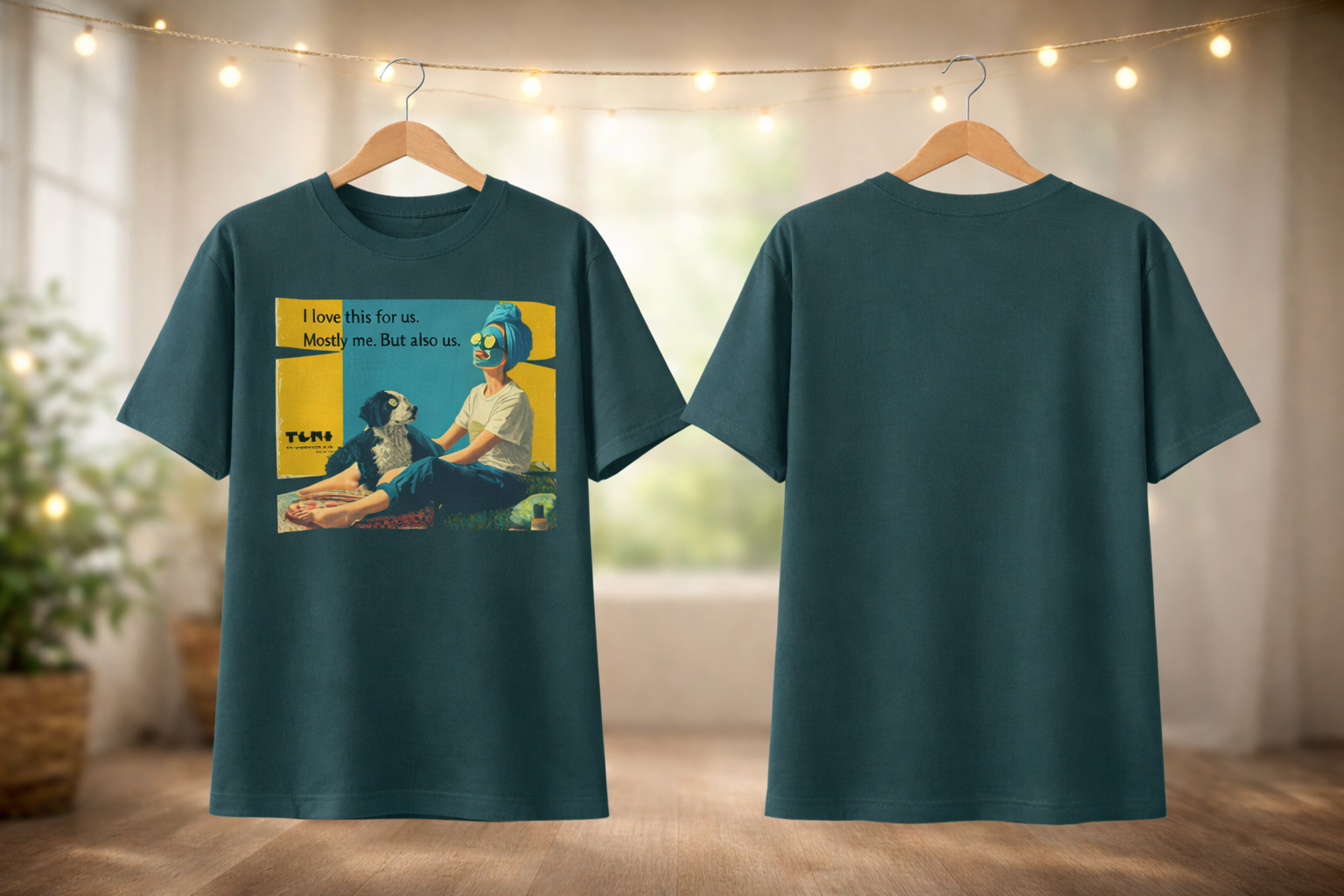 Teal t-shirt with graphic design on a wooden floor with blurred lights in the background