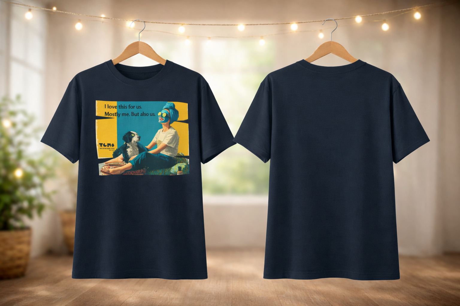 Navy blue t-shirt with a graphic design on a wooden floor with blurred lights in the background