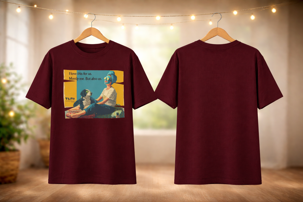 Maroon t-shirt with a graphic design on a hanger against a neutral background.