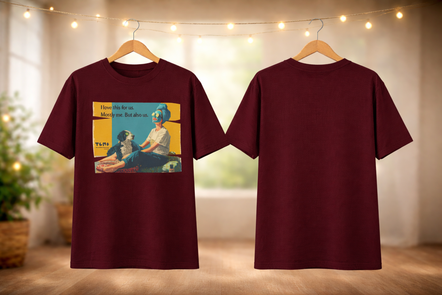 Maroon t-shirt with a graphic design on a hanger against a neutral background.