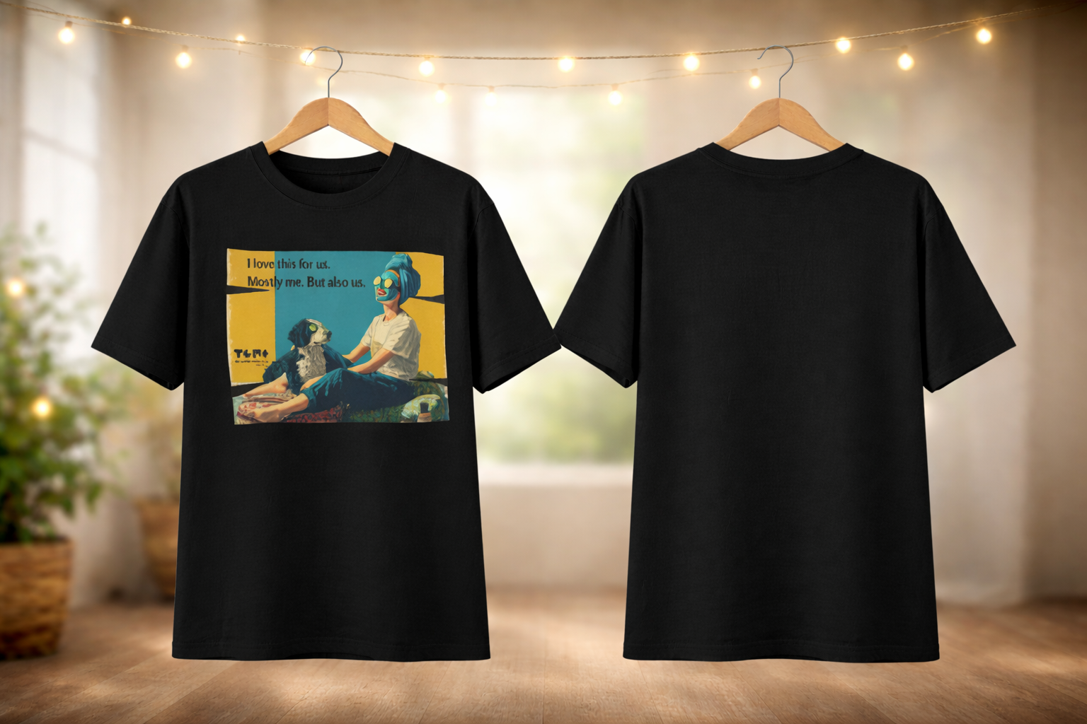 Black t-shirt with a graphic design on a hanger against a blurred indoor background.