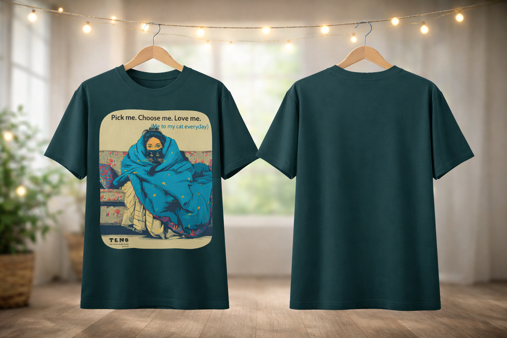 Teal t-shirt with graphic design on a hanger against a neutral background