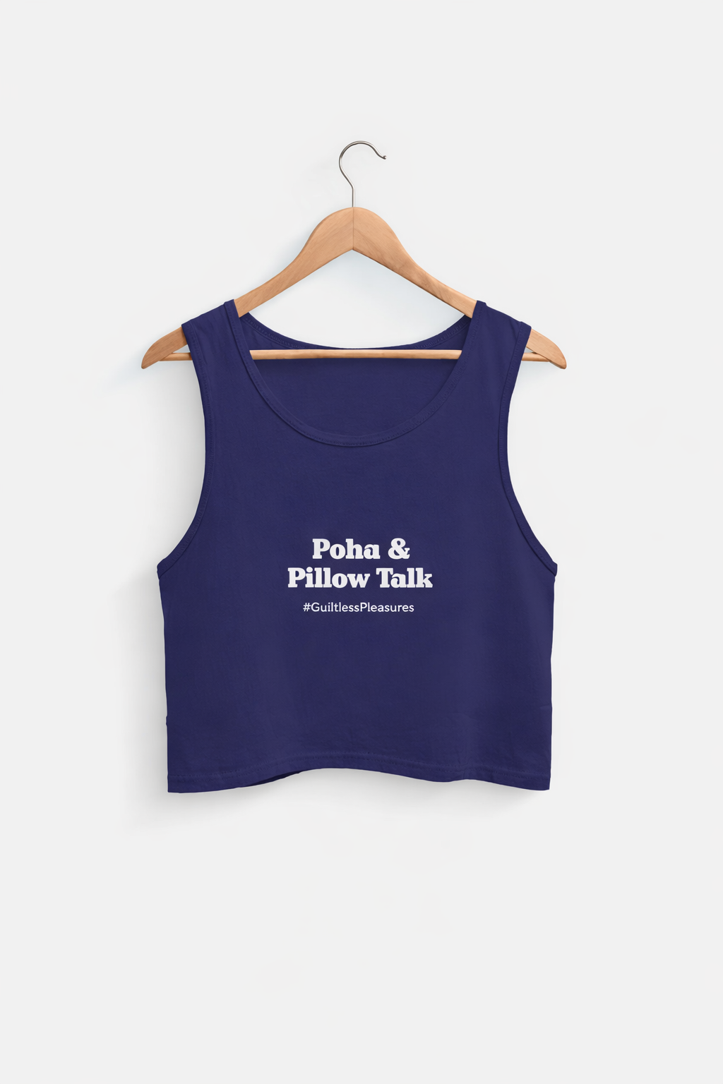 Navy blue tank top with text on a white background