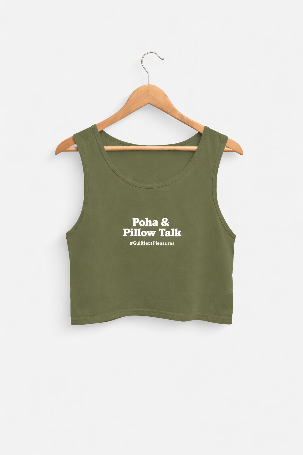 Green tank top with text on a hanger against a white background