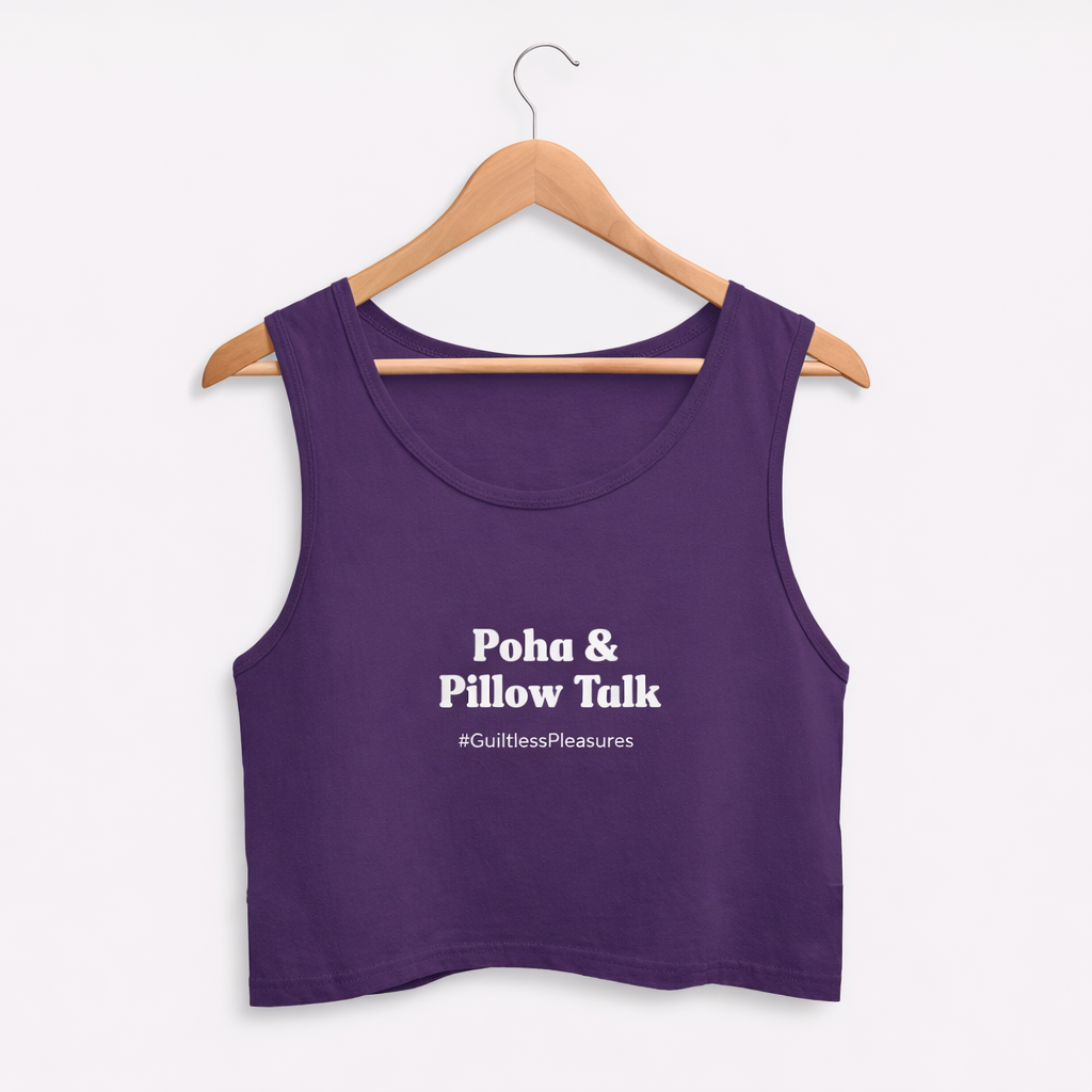 Purple tank top with text on a hanger against a white background