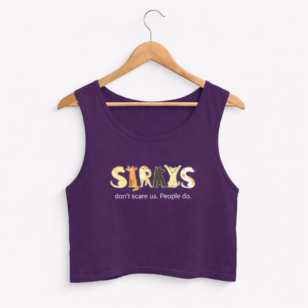 Purple tank top with 'Strays don't scare us. People do.' text and cat illustrations on a hanger against a white background.