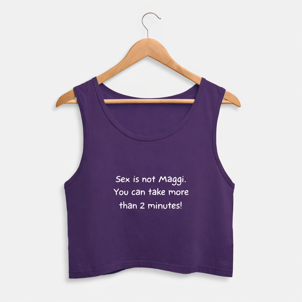 Purple tank top with text on a hanger against a white background
