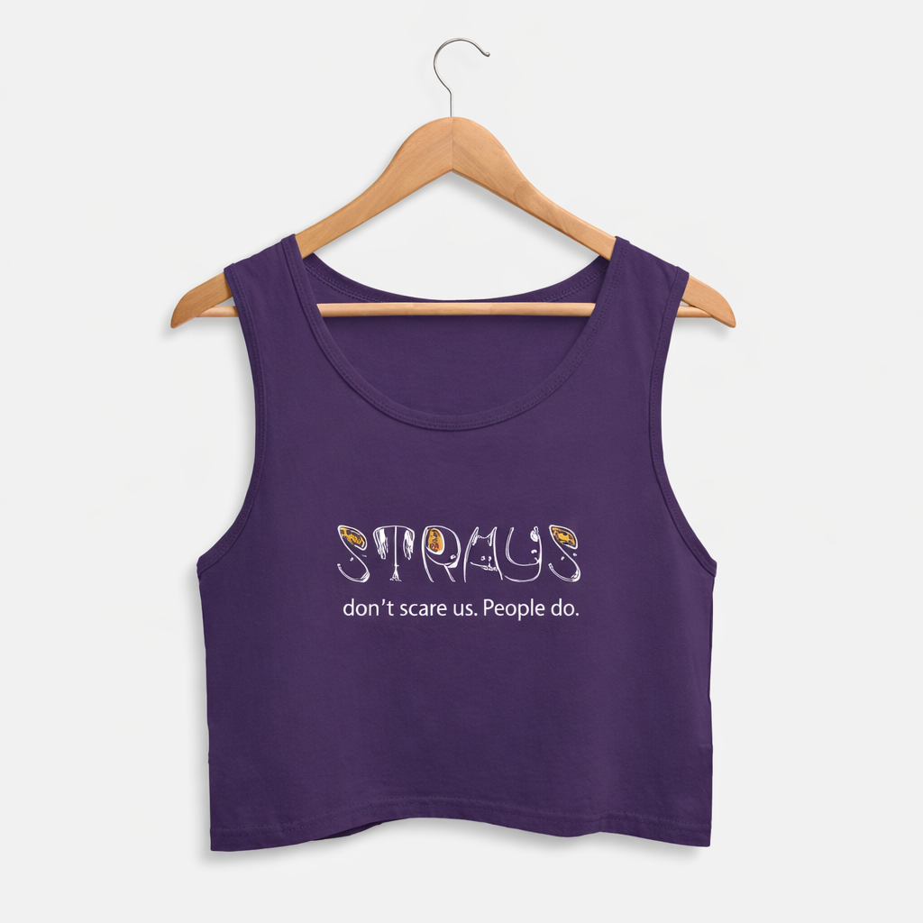 Purple tank top with text on a hanger against a white background