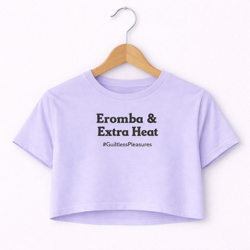 Lavender crop top with text on a hanger against a white background