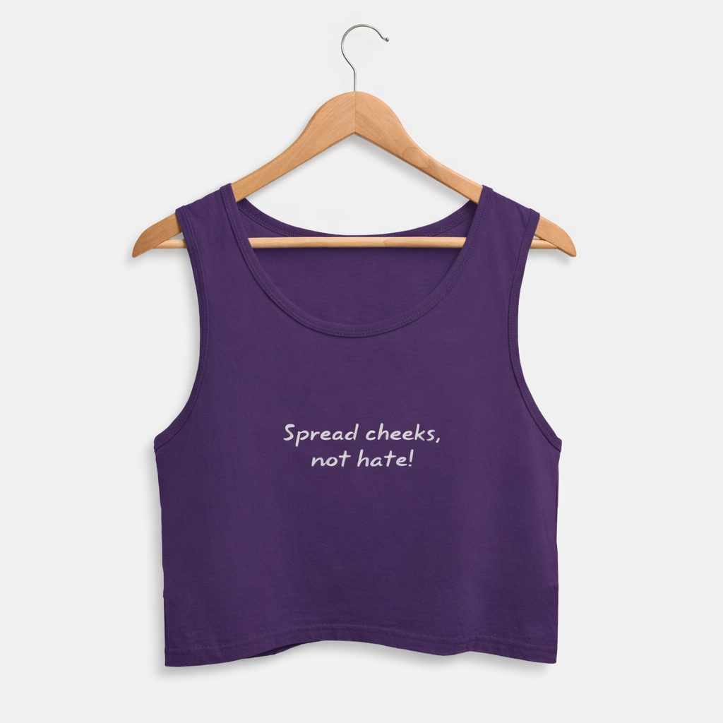 Purple tank top with text on a hanger against a white background