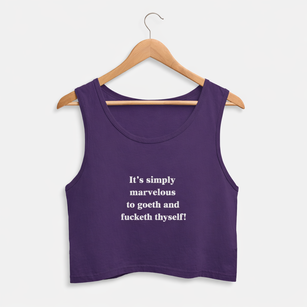 Purple tank top with text on a hanger against a white background