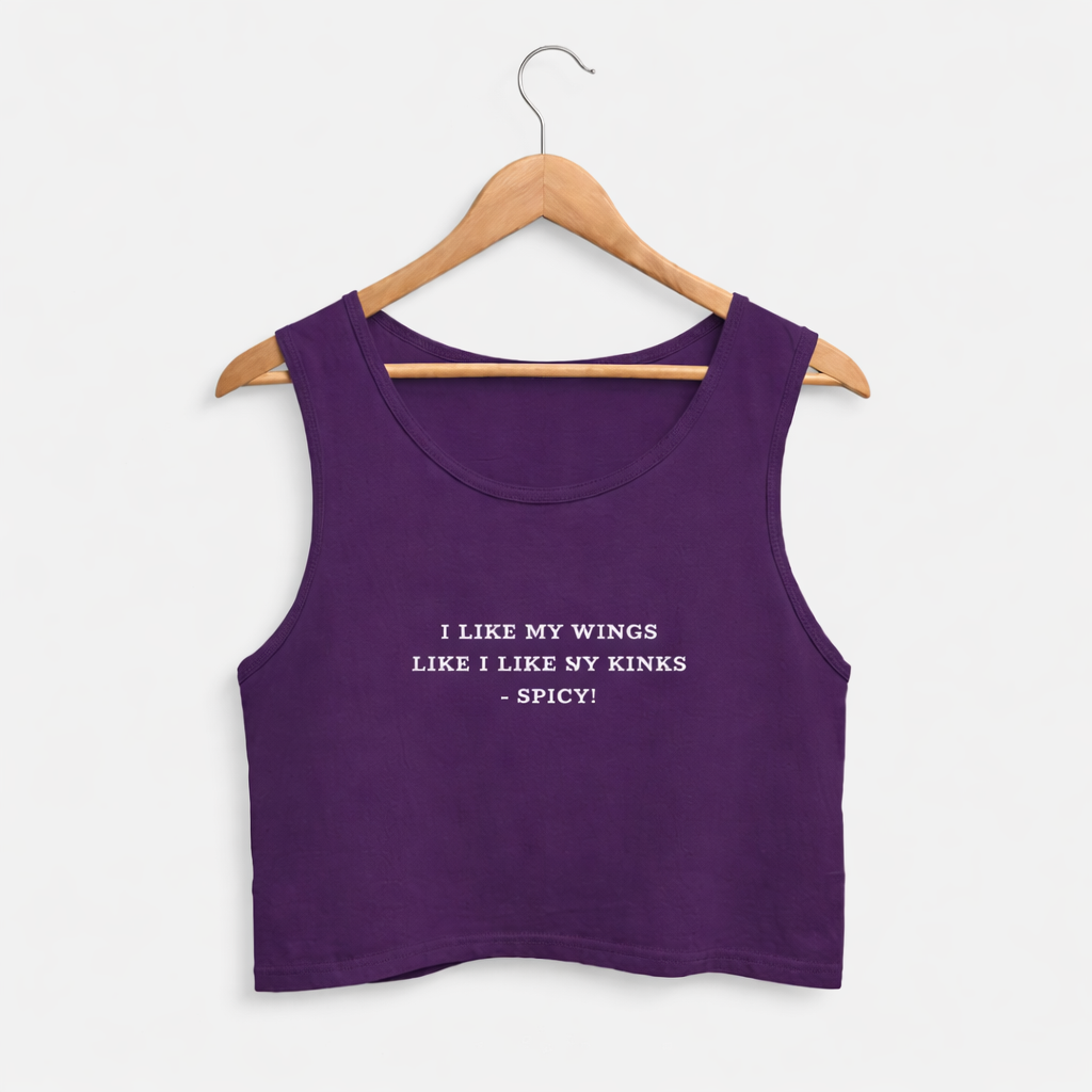 Purple tank top with text on a hanger against a white background