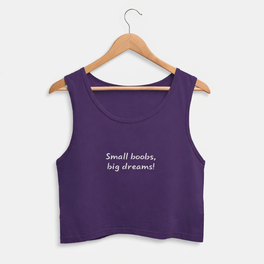 Purple tank top with text on a hanger against a white background