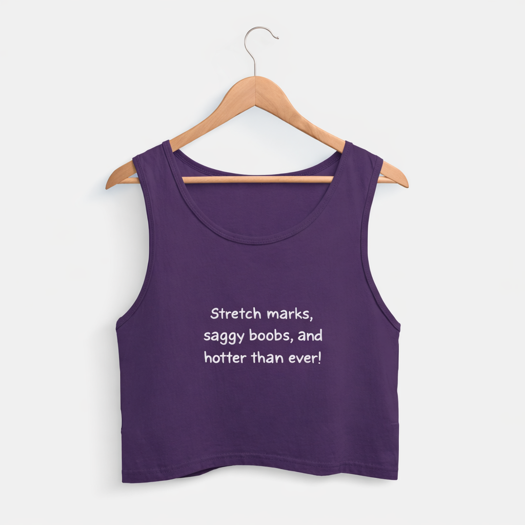 Purple tank top with text on a hanger against a white background