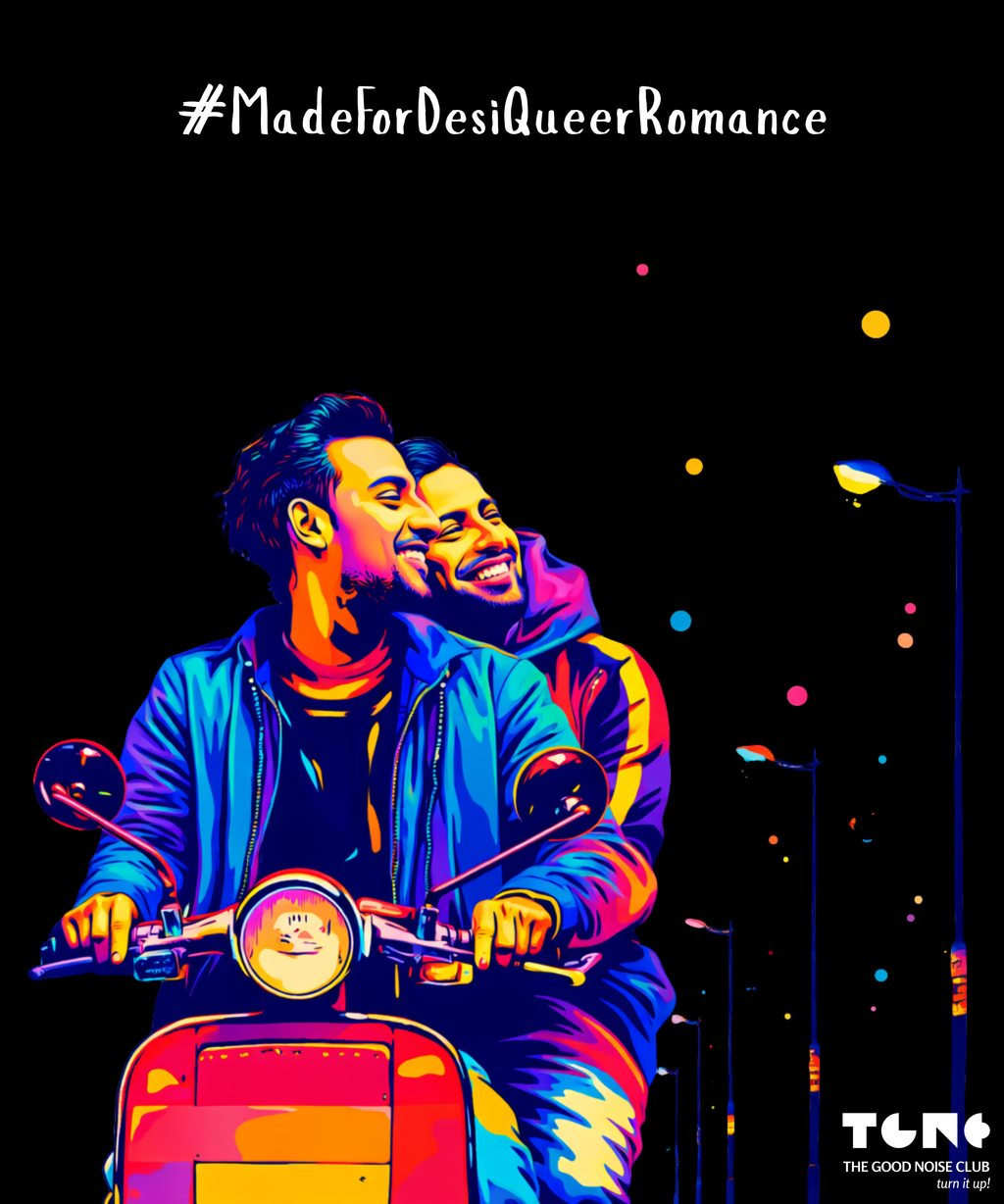 Two people on a scooter with a colorful, artistic style against a dark background.