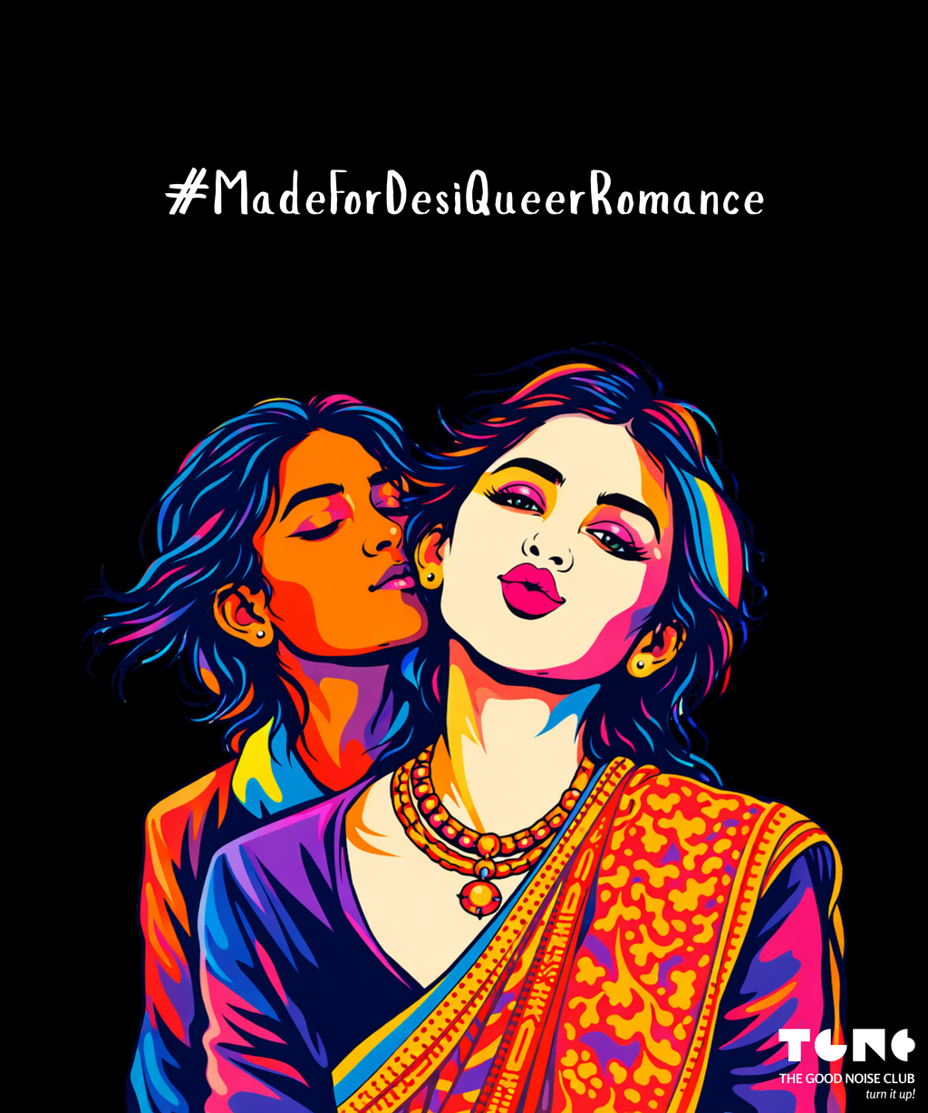 Colorful illustration of two people embracing with '#MadeForDesiQueerRomance' text on a black background.