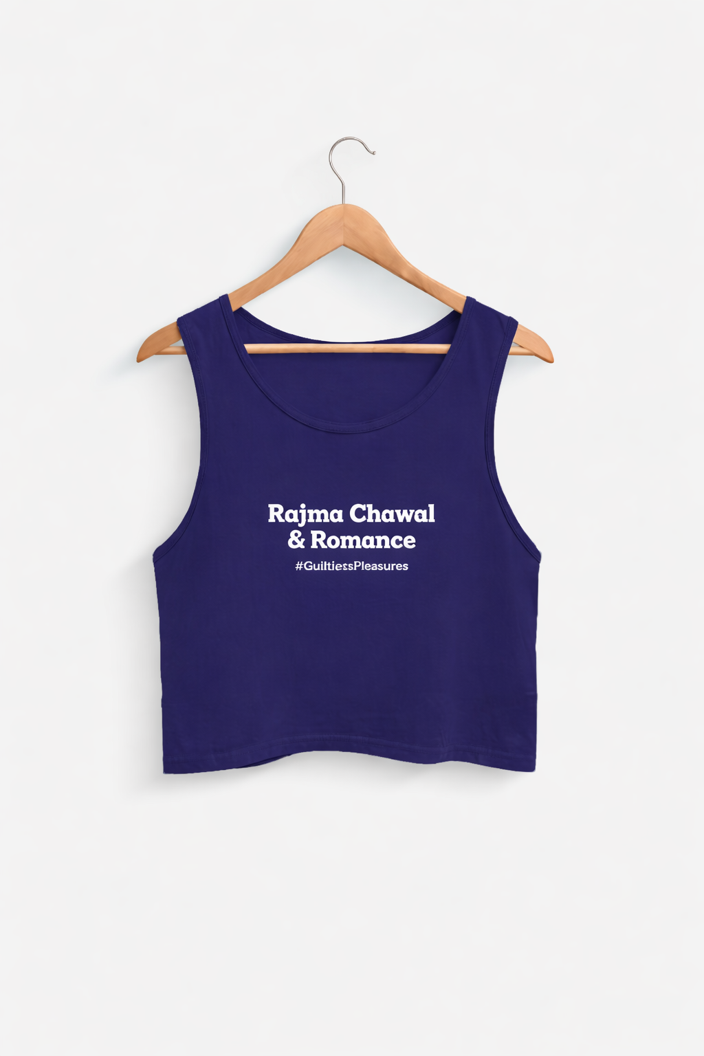 Blue tank top with text on a hanger against a white background