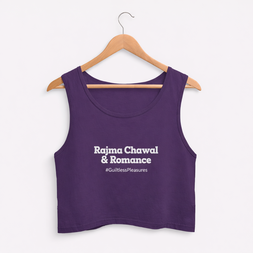 Purple tank top with text on a hanger against a white background