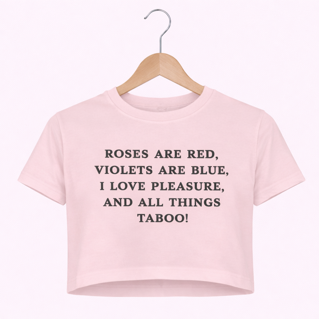 Pink t-shirt with text on a hanger against a white background