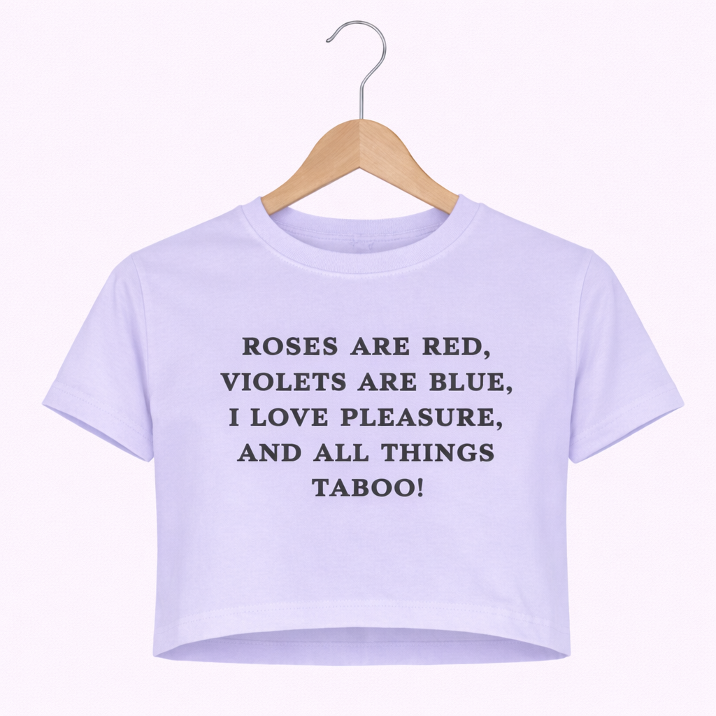 Lavender t-shirt with text on a wooden hanger against a white background