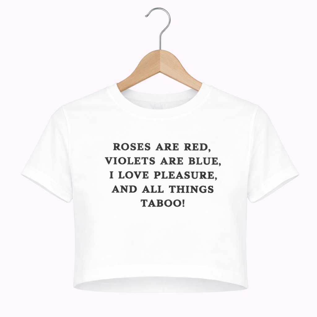 White t-shirt with black text on a hanger against a white background