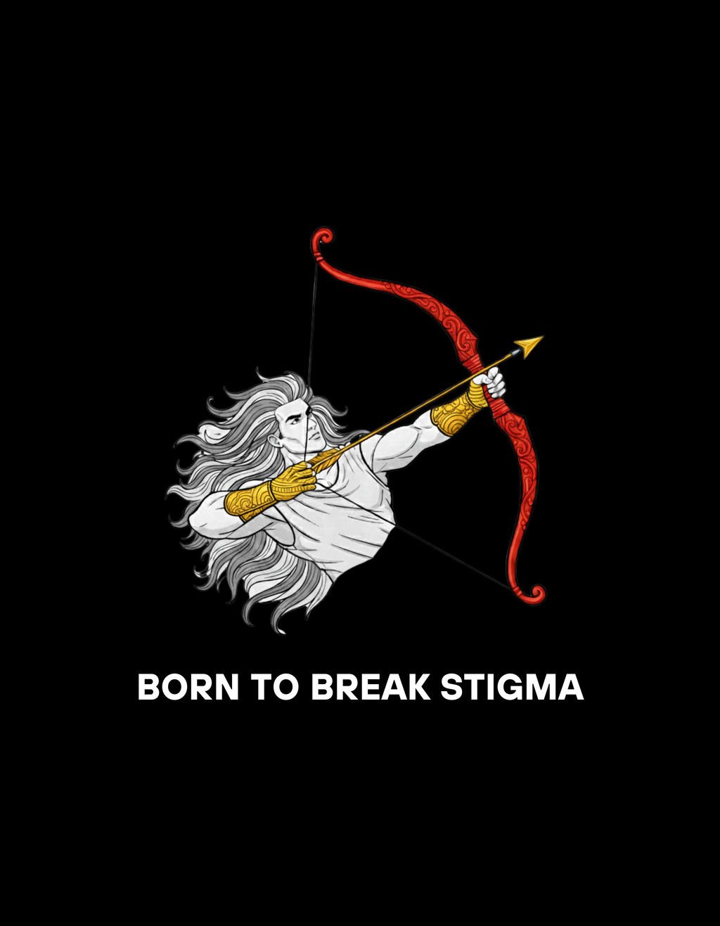 Illustration of a archer with a red bow and arrow on a black background, featuring the text 'Born to Break Stigma'.