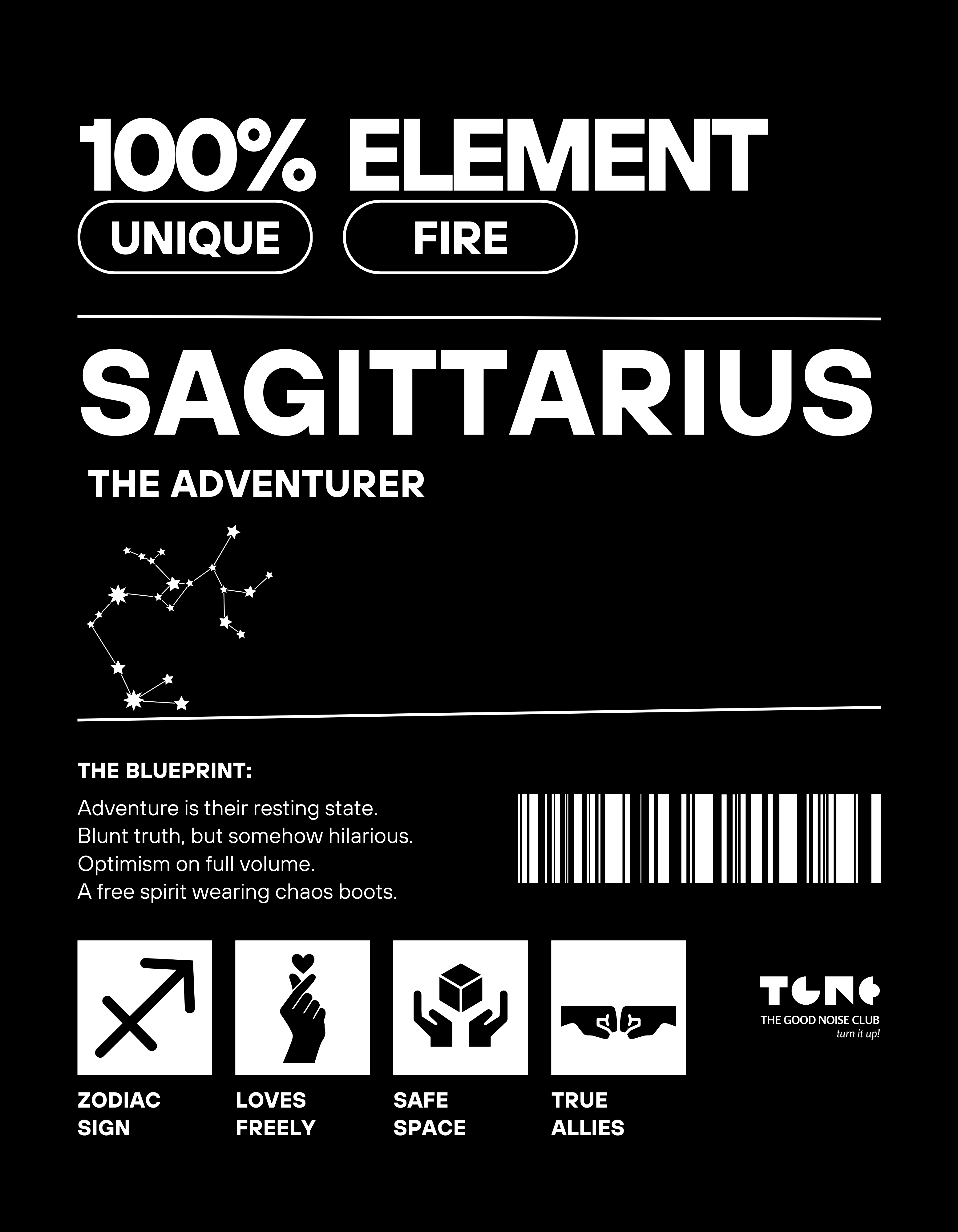 Sagittarius zodiac card with elements and traits on a black background
